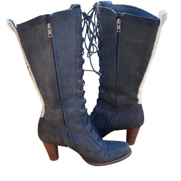 Ugg Camille Oil Rubbed Leather Lace Up Knee High Heeled Boots Black Size 11 5488 - Picture 4 of 11